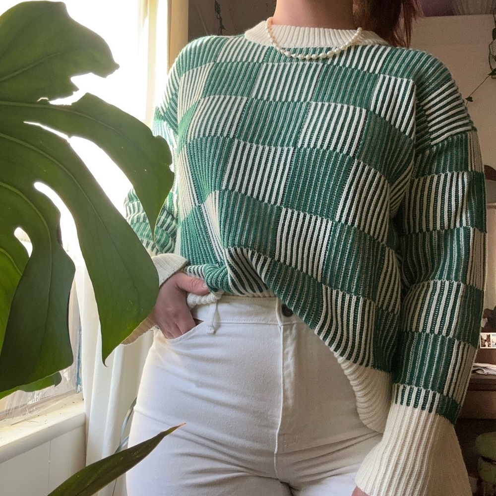 Green and Cream Checker Knit Sweater - Women's Casual Pullover